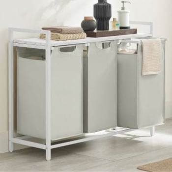 Panier à linge avec étagère Polly | Trois compartiments | 92,5 x 33 x 72 cm | Blanc