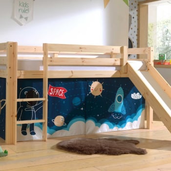 Lit mi-hauteur avec toboggan Astrid avec tente de lit Space Shuttle - bois de pin