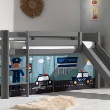 Lit mi-hauteur avec toboggan Astrid avec tente de lit Police - gris