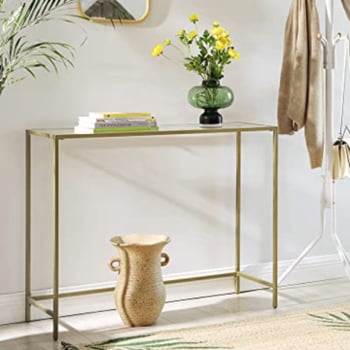 Table console moderne dorée en verre trempé, cadre métallique, robuste, pieds réglables