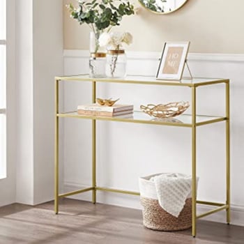 Table console or - Moderne 2 étagères en verre trempé avec cadre métallique et pieds réglables