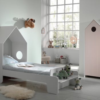 lit maison 90x200 cm (sommier à lattes inclus) et armoire Casami-blanc/rose