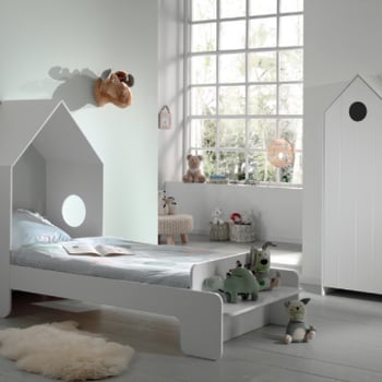 lit maison 90x200 cm (sommier à lattes inclus) et armoire Casami-blanc