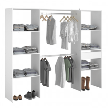 Armoire Botan 220cm, 6 étagères, 2 tringles à vêtements & 1 tiroir - blanc