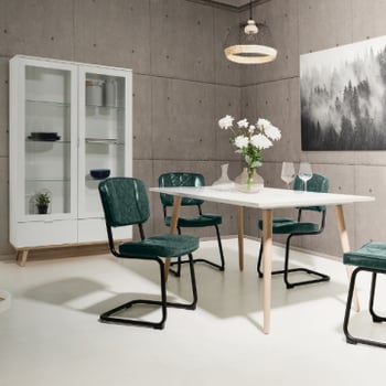 Salle à manger Göteborg: table à manger, armoire vitrine - blanc/bois massif
