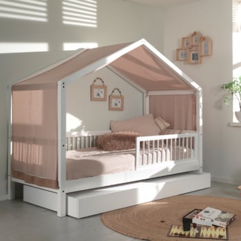 Lit maison Forrest 90x200 avec lit gigogne, barrière de lit et tente de lit - blanc/rose