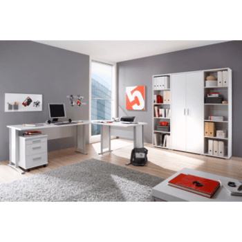 Ensemble de bureau Olaph: bureau d'angle, bloc-tiroirs, bibliothèque - blanc