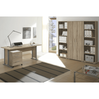 Ensemble de bureau Olaph: bureau, bloc-tiroirs, bibliothèque - décor chêne