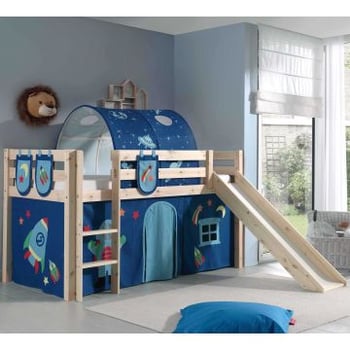 Lit mi-hauteur avec toboggan Astrid avec tente et tunnel de lit et sacs de rangement Astro - pin