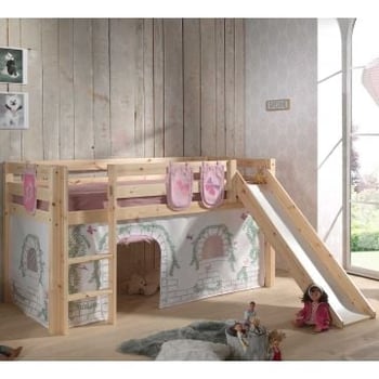 Lit mi-hauteur avec toboggan Astrid avec tente et sacs de rangement Birdy - bois de pin