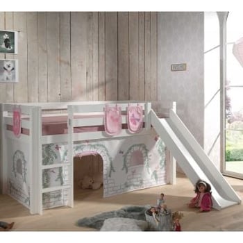 Lit mi-hauteur avec toboggan Astrid avec tente et sacs de rangement Birdy - blanc