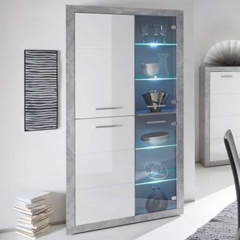 Armoire vitrine Inga 194H x 95L - béton/blanc