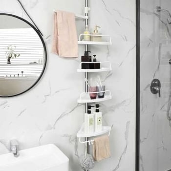 Etagère d'angle réglable pour salle de bains, 95-300 cm, 4 plateaux, 3 crochets, 1 porte-serviettes