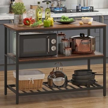  Ilot de cuisine rustique marron, grand plan de travail, structure stable en acier - 120 x 60 cm