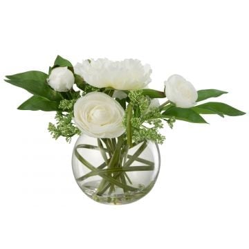 Renoncule pivoine en vase boule plastique verre blanc