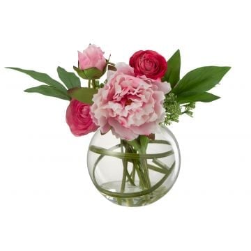 Renoncule pivoine en vase boule plastique verre rose
