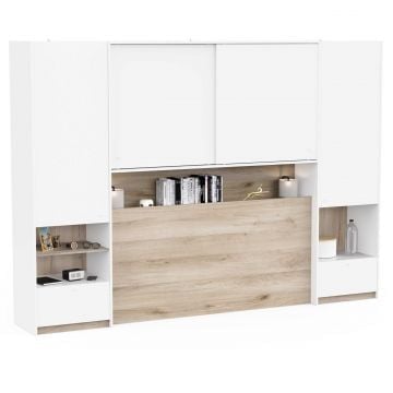 Environnement de lit Waylon - 288x45x203cm - 4 portes & 2 tiroirs - blanc/décor chêne