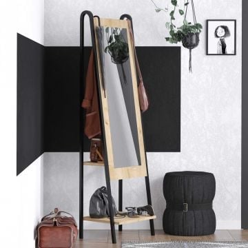 Miroir sur pied Woody Fashion - 44x35x170cm - avec 3 patères - décor chêne/noir