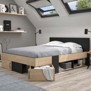 Lit double pivotant | 140 x 190 cm | Avec espace de rangement | Design Helvezia Oak