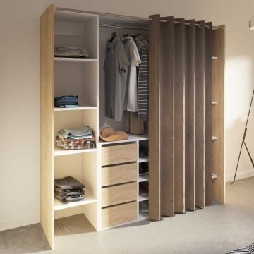 Armoire Spike 112/185cm avec rideau & tiroirs - chêne/taupe