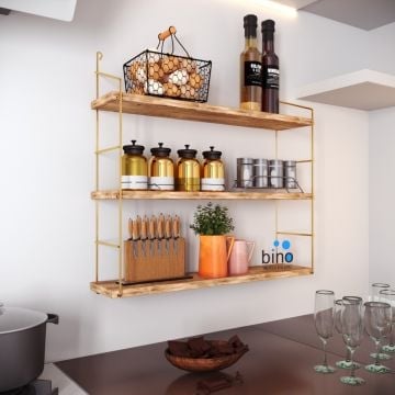 Etagère murale stylisée Woody Fashion | 100% bois massif | 60 x 16 x 62 cm | Marron doré