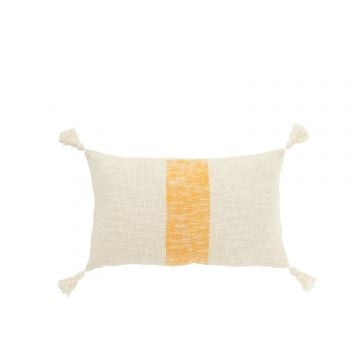 Coussin rectangle lignes+floches coton blanc/orange