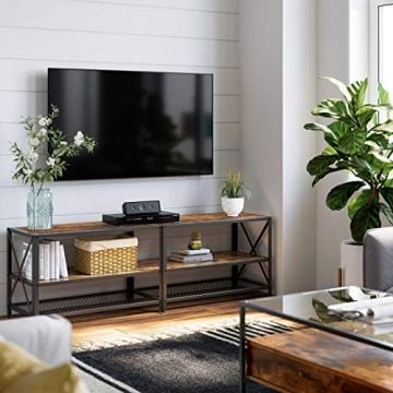 Bryce Meuble TV pour téléviseurs 70 pouces, cadre en acier, étagères et étagère en maille pour la maison, le salon et la chambre Meubles rustiques marron et noirs