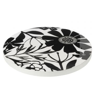 Plateau tournant rond motif floral bois de manguier noir/blanc