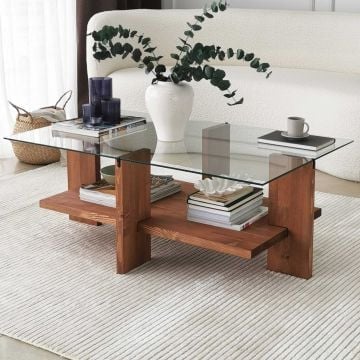 Table basse Locelso | Cadre en bois massif | Verre trempé | 105x40x60cm | Bois