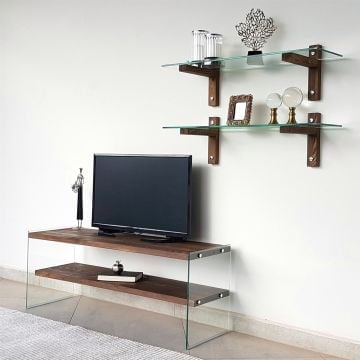 Meuble TV Locelso | Bois massif 100% pin | Verre trempé | Noyer
