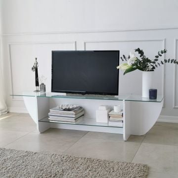 Locelso Support TV | 100% Verre trempé | Cadre 18mm | Largeur 158 cm | Blanc