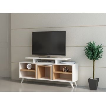 Meuble TV Woody Fashion - 120x29x57cm - avec 2 tables d'appoint - blanc/teck