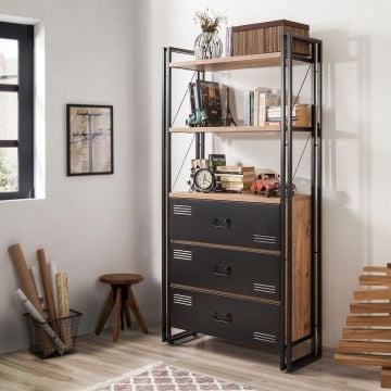 Bibliothèque Fantine avec tiroirs-noir/bois de pin atlantique
