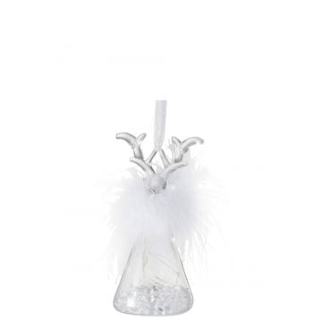 Boule de noel renne + led + plumes verre transparent small