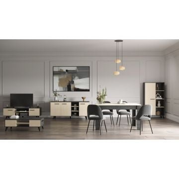 Salle à manger Kent: table à manger, meuble tv, table basse, vaisselier, bahut - décor chêne/anthracite