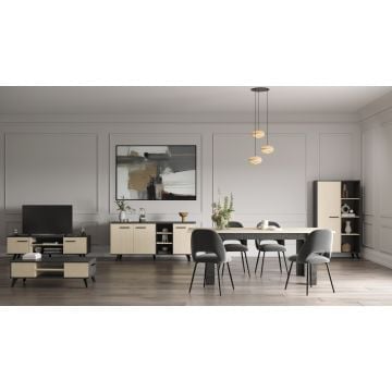 Salle à manger Kent: table à manger extensible, meuble tv, table basse, vaisselier, bahut - décor chêne/anthracite