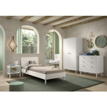 Chambre d'enfant Forrest: chevet, lit 90x200, armoire, commode - bois de hêtre blanc