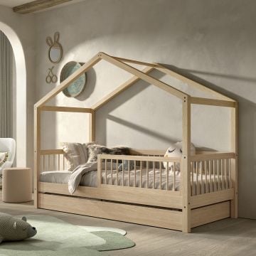 Lit cabane Forrest 90x200cm avec barrière et lit gigogne - bois de hêtre 