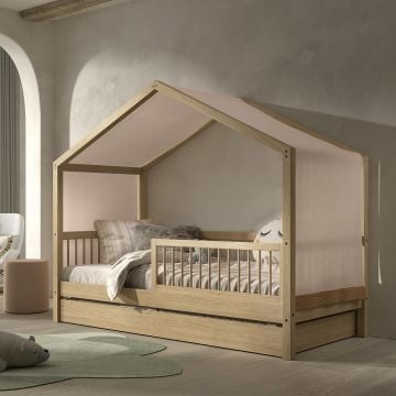 Lit maison Forrest 90x200 avec lit gigogne, barrière de lit et tente de lit - bois de hêtre/rose