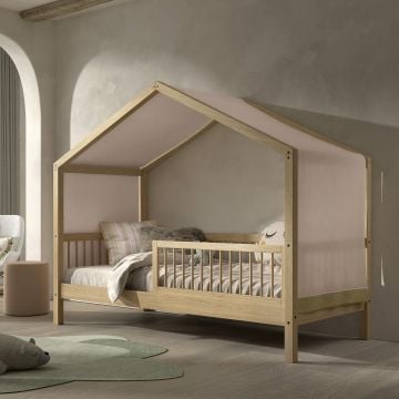 Lit maison Forrest 90x200 avec barrière de lit et tente de lit - bois de hêtre/rose