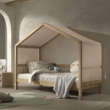Lit maison Forrest 90x200 avec tente de lit - bois de hêtre massif/rose