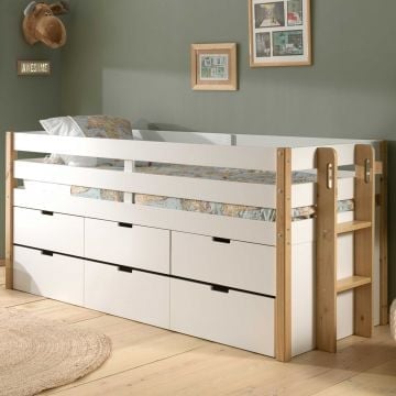 Lit banquette gigogne 90 x 200 avec 3 tiroirs - blanc/bois pin