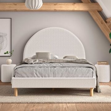Lit rembourré Maeva 140x200cm avec deux tables de nuit - tissu bouclé blanc