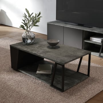 Table basse Albérique 1 niche et 1 compartiment de rangement sur le côté-béton/noir mat
