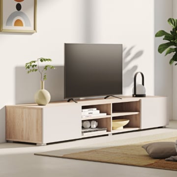 Meuble TV Polka 180 cm 2 portes tournantes, 4 niches-chêne /beige clair