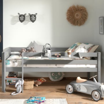 Lit mi-hauteur Pip 90x200 cm avec étagère suspendue-gris
