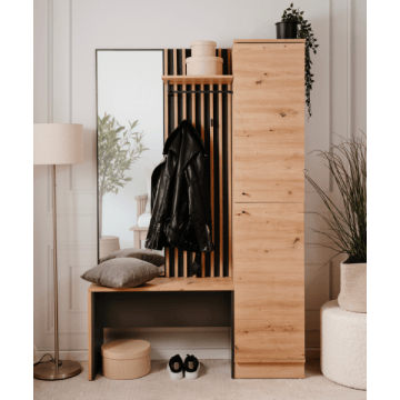 Vestiaire Médard - 122x37x190cm - avec miroir - décor chêne/anthracite