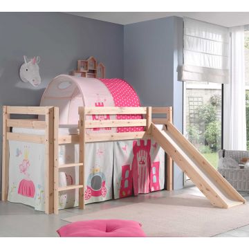 Lit mi-hauteur Astrid avec tente et tunnel de lit Princess II - bois de pin