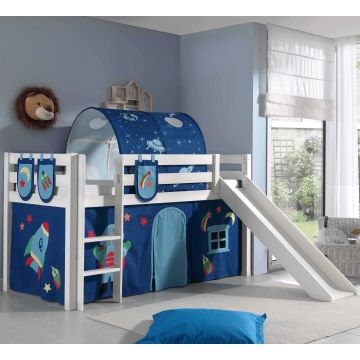 Lit mi-hauteur avec toboggan Astrid avec tente et tunnel de lit et sacs de rangement Astro - blanc