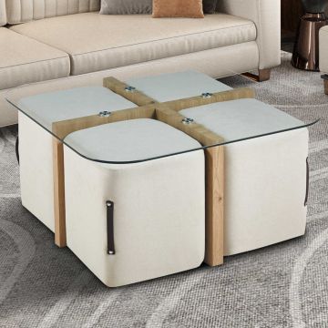 Table basse avec quatre poufs Shana | 90 x 90 x 45 cm | Blanc - Verre